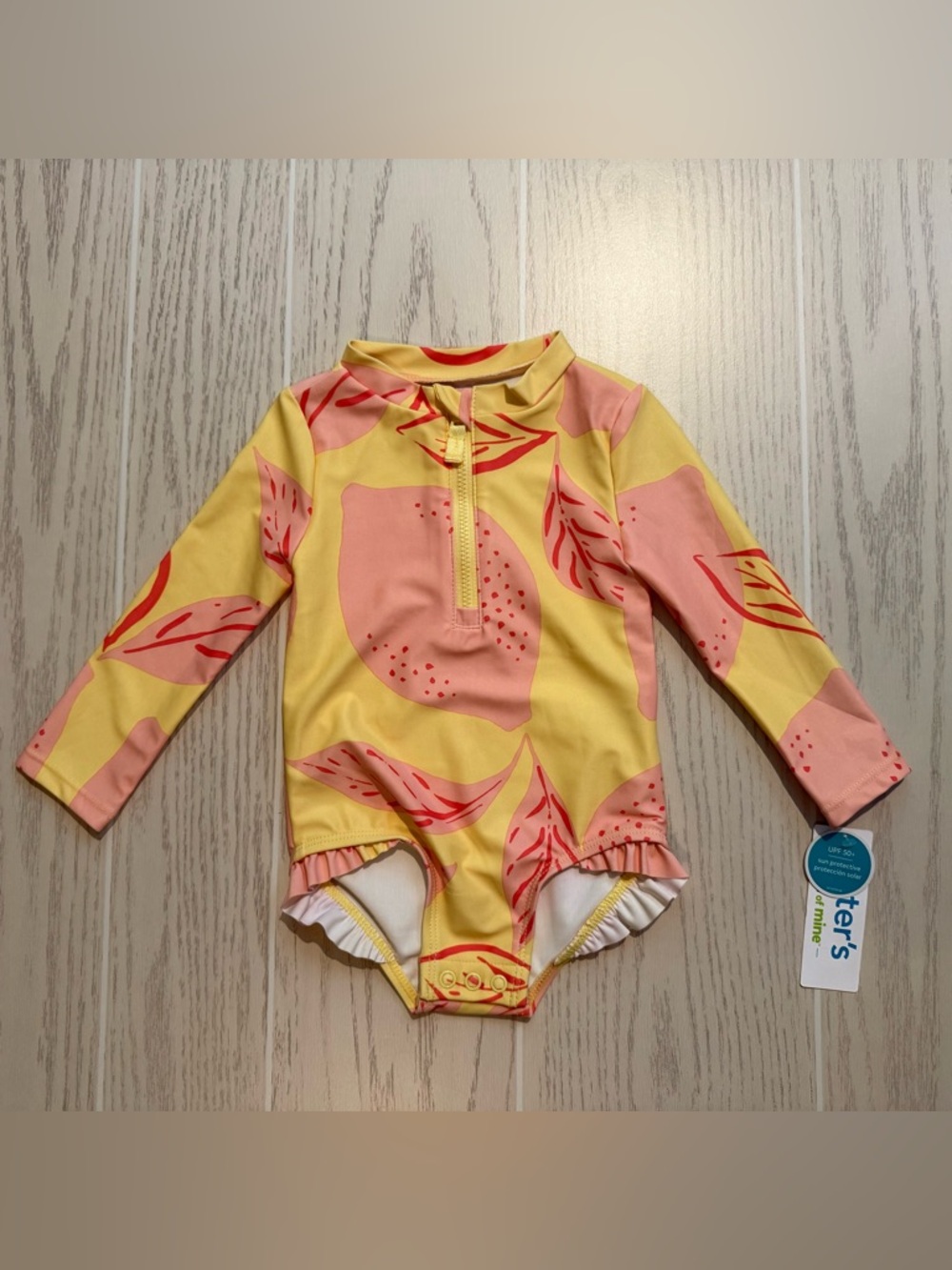 Carters Baby Girl 12M‎ Lemon Rash Guard Swimsuit UPF 50 One Piece Yellow Pink